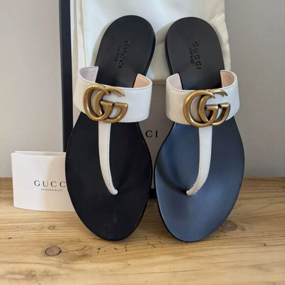 NEW Gucci Marmont GG Leather T Strap Thong Flat Sandals Shoes Cream Size 39 - Picture 1 of 9